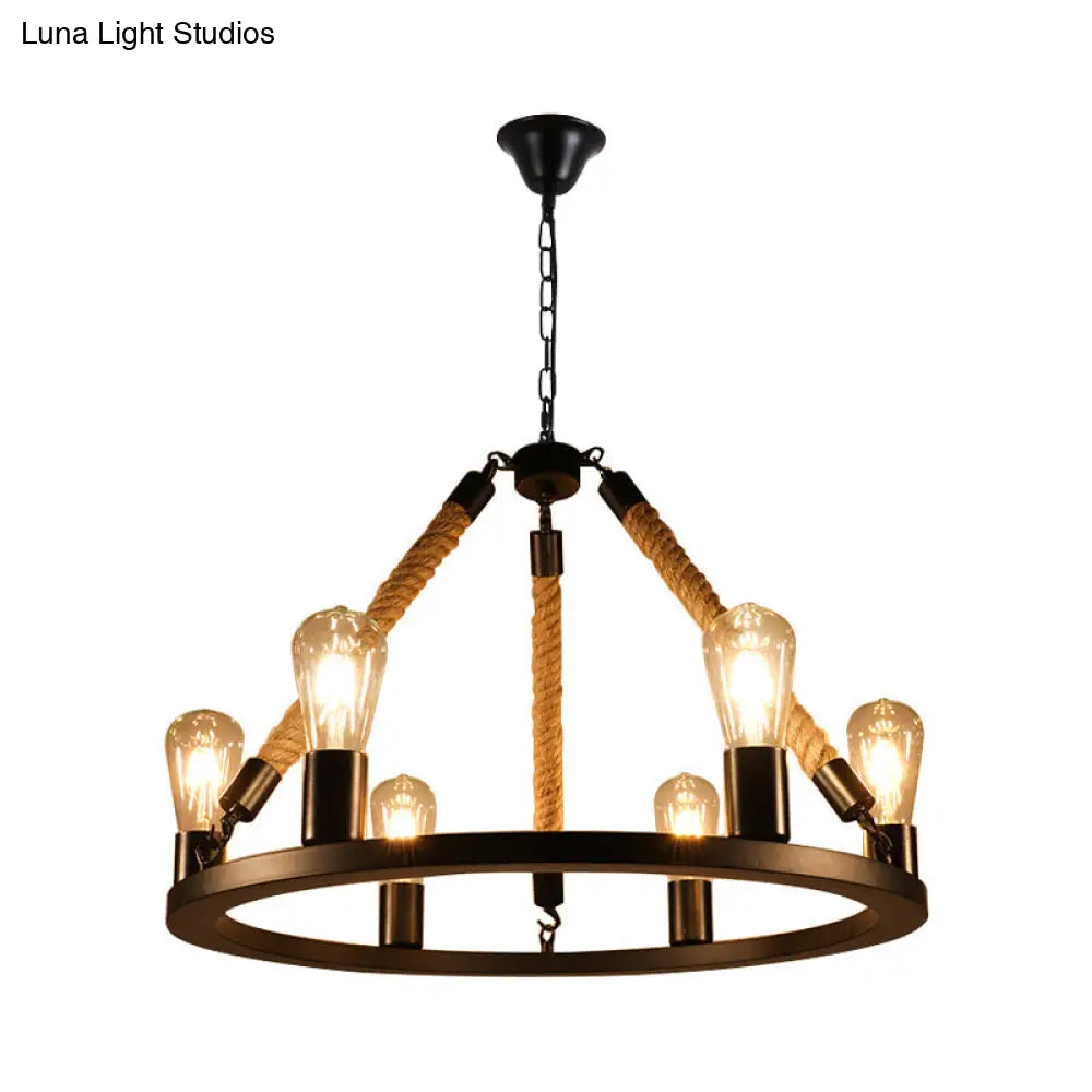 Industrial Open Bulb Metal Chandelier: 6/8-Light Black Pendant Lamp With Rope & Ring Design