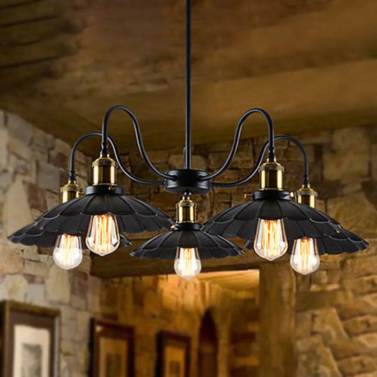 Industrial Metal Chandelier With Scalloped Design - Black Finish 5 Heads Indoor Pendant Lighting