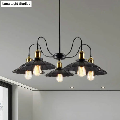 Industrial Metal Chandelier With Scalloped Design - Black Finish 5 Heads Indoor Pendant Lighting