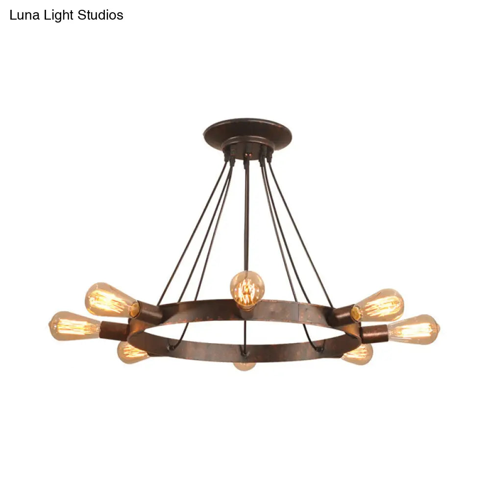 Industrial Metal Circle Design 8-Bulb Chandelier Pendant Light With Exposed Bulbs Brown