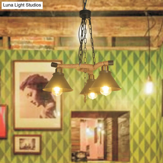 Industrial Metal Cone Chandelier With 3/6 Lights In Black - Living Room Pendant Light