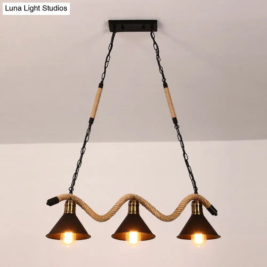 Industrial Metal Cone Island Pendant Light - Matte Black Finish With Twisted Rope Detailing