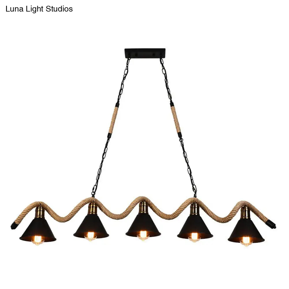 Industrial Metal Cone Island Pendant Light - Matte Black Finish With Twisted Rope Detailing