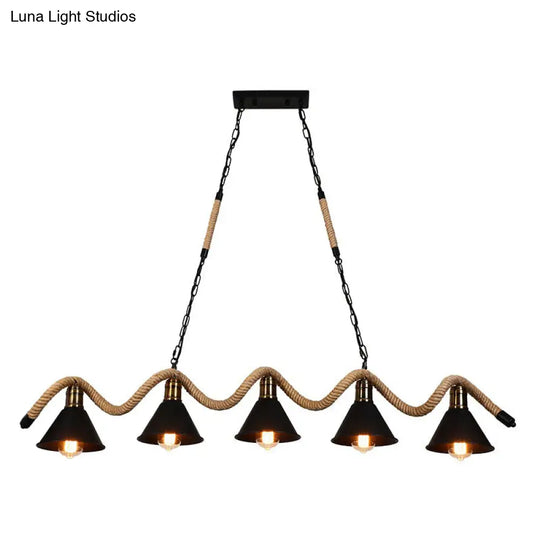 Industrial Metal Cone Island Pendant Light - Matte Black Finish With Twisted Rope Detailing