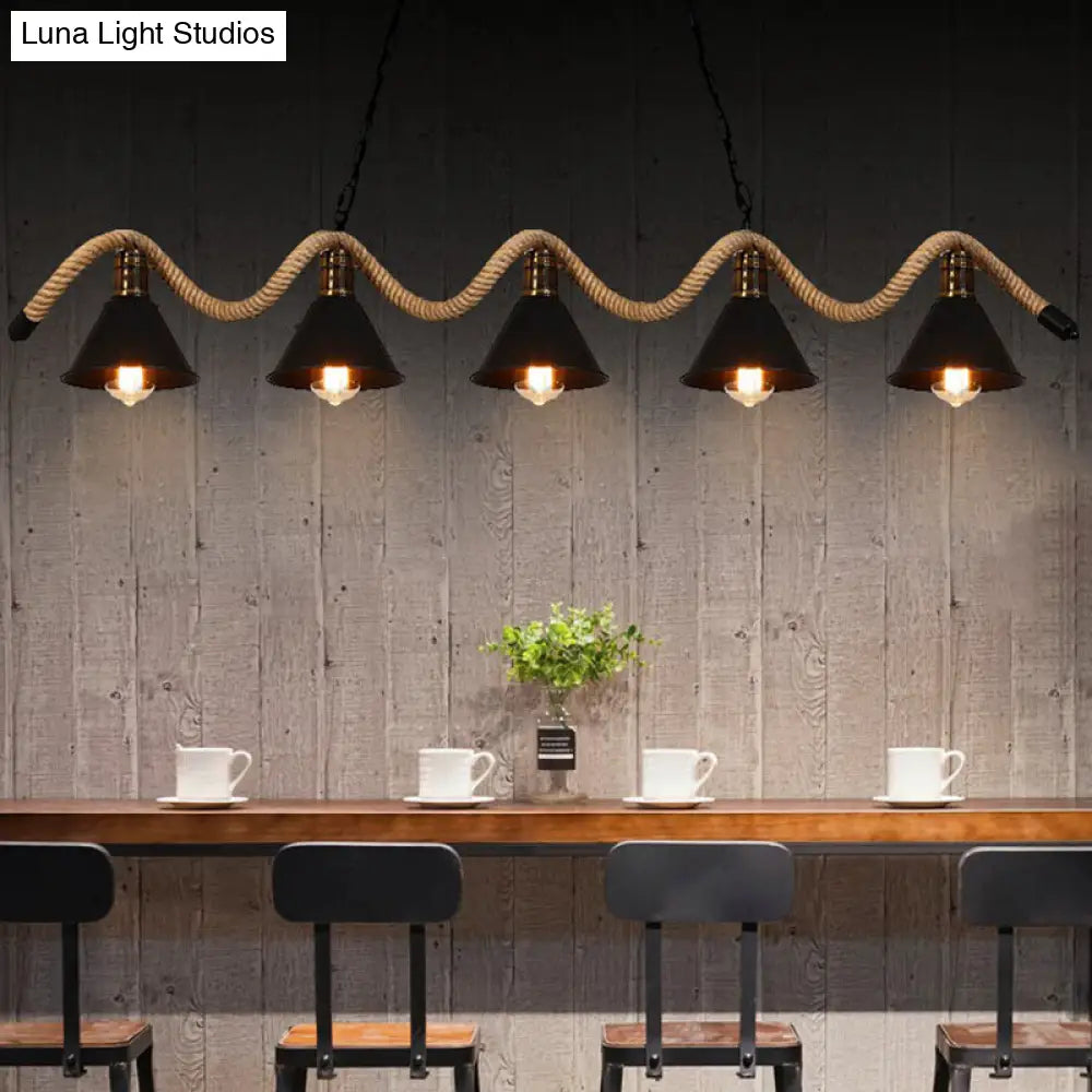 Industrial Metal Cone Island Pendant Light - Matte Black Finish With Twisted Rope Detailing