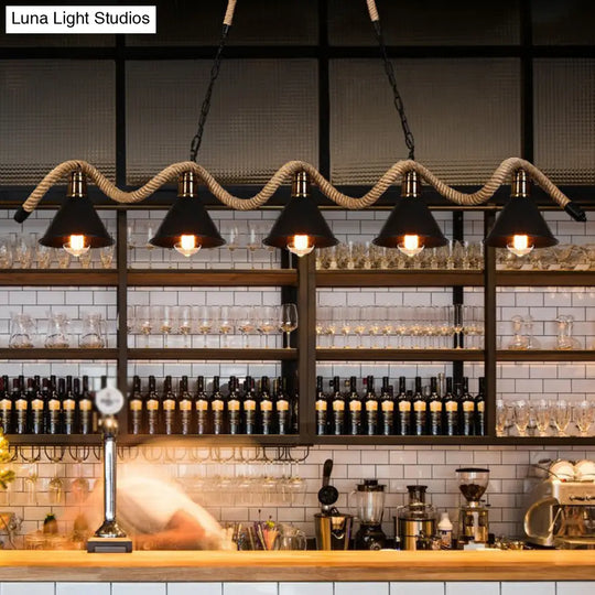 Industrial Metal Cone Island Pendant Light - Matte Black Finish With Twisted Rope Detailing