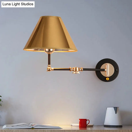 Industrial Metal Cone Wall Sconce With Swing Arm For Stylish Bedroom Lighting In Gold