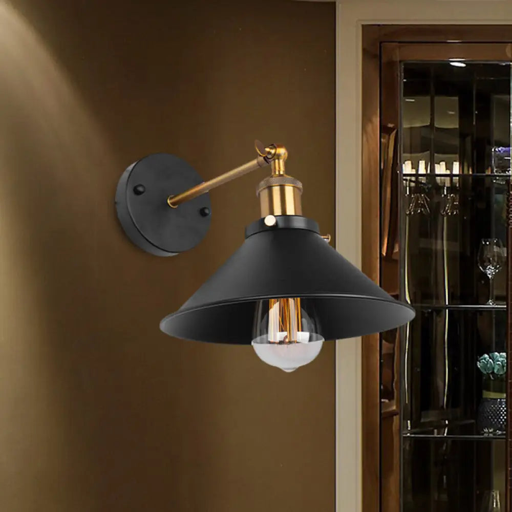 Industrial Metal Conical Wall Sconce Light - Black Finish 1 Bulb Mount Ideal For Restaurants