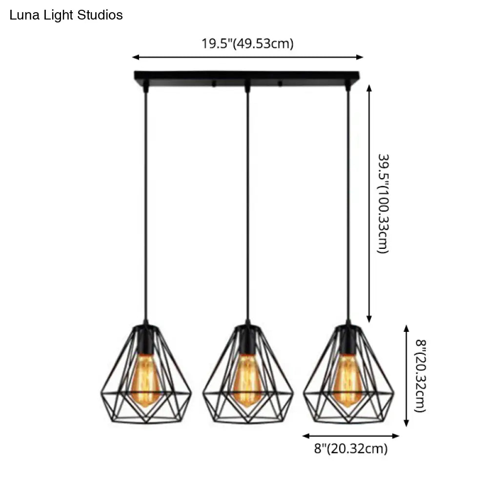 Industrial Metal Diamond Cage Pendant Light - Set Of 3 Multi Hanging Lights For Restaurants
