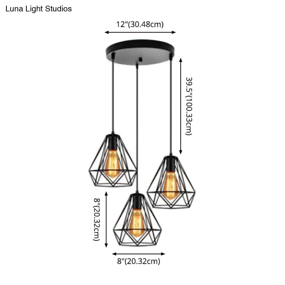 Industrial Metal Diamond Cage Pendant Light - Set Of 3 Multi Hanging Lights For Restaurants