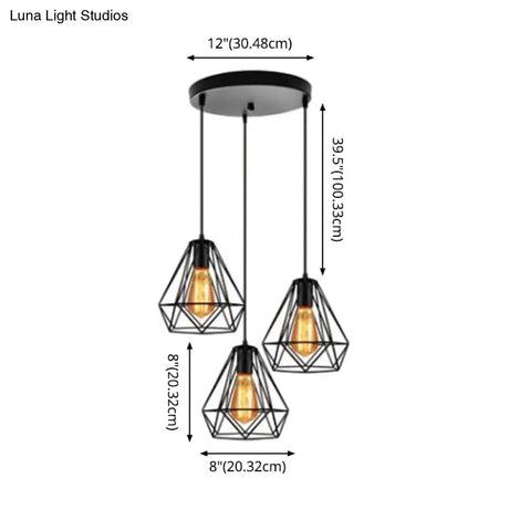 Industrial Metal Diamond Cage Pendant Light - Set Of 3 Multi Hanging Lights For Restaurants