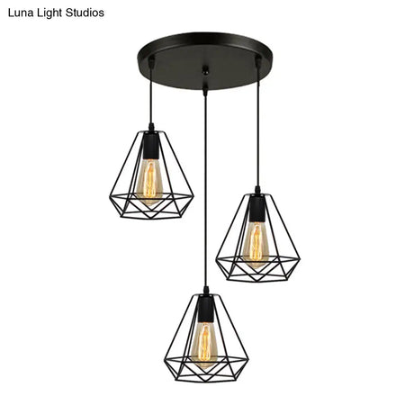 Industrial Metal Diamond Cage Pendant Light - Set Of 3 Multi Hanging Lights For Restaurants