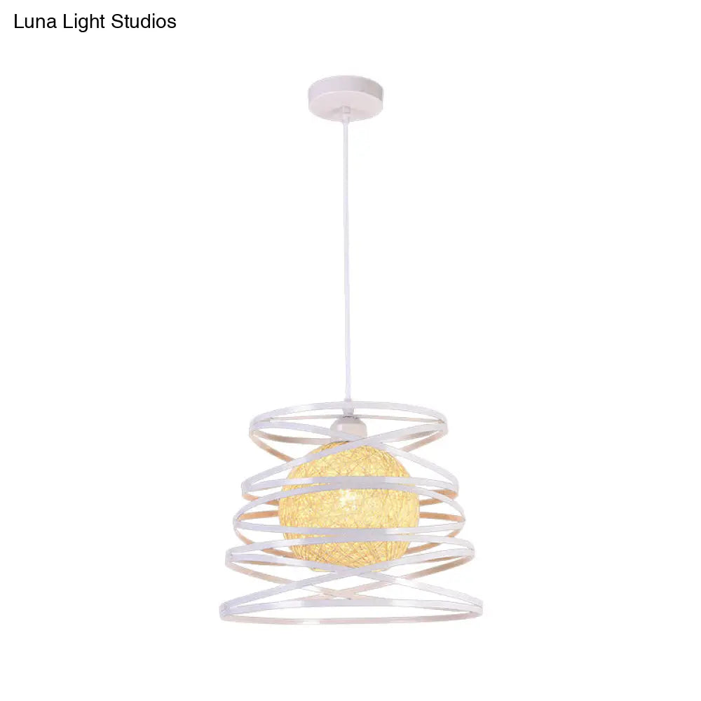 Industrial Metal Dining Room Pendant Light - Swirl Conic Style 1 Head White/Black Wire Frame
