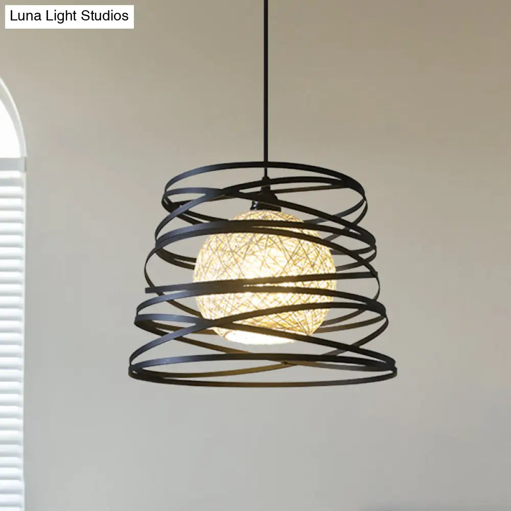 Industrial Metal Dining Room Pendant Light - Swirl Conic Style 1 Head White/Black Wire Frame