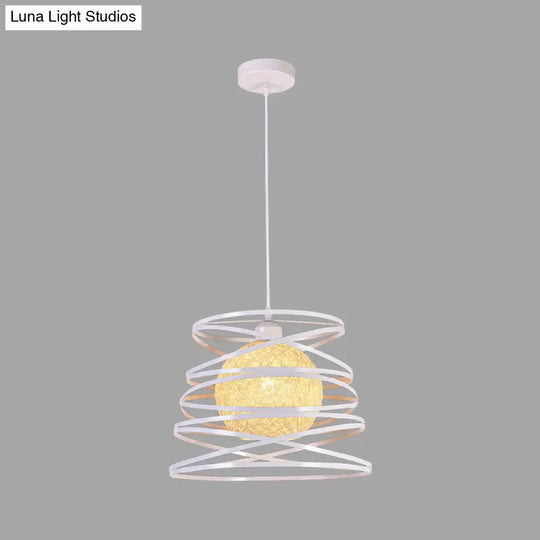 Industrial Metal Dining Room Pendant Light - Swirl Conic Style 1 Head White/Black Wire Frame