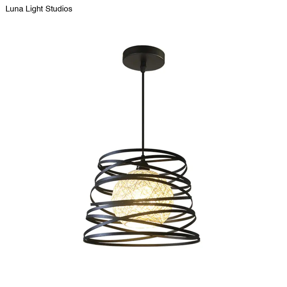 Industrial Metal Dining Room Pendant Light - Swirl Conic Style 1 Head White/Black Wire Frame
