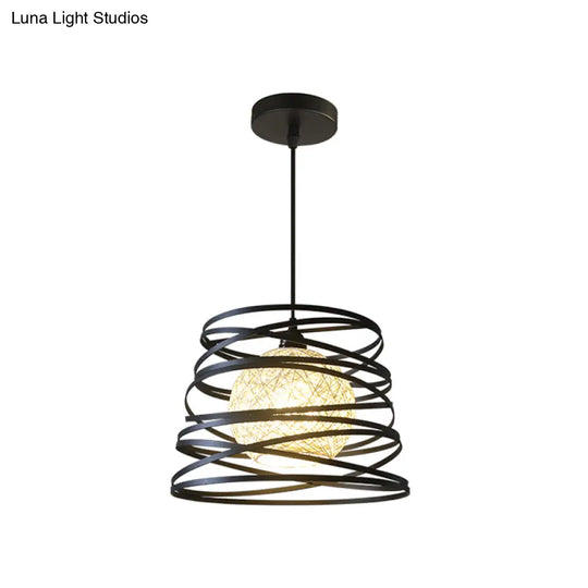 Industrial Metal Dining Room Pendant Light - Swirl Conic Style 1 Head White/Black Wire Frame
