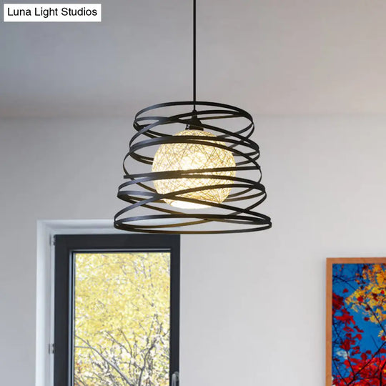 Industrial Metal Dining Room Pendant Light - Swirl Conic Style 1 Head White/Black Wire Frame