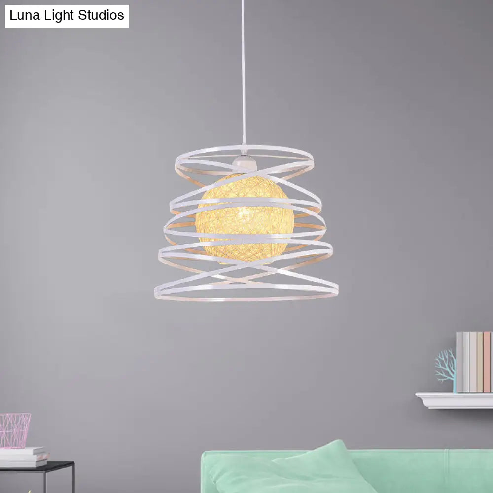 Industrial Metal Dining Room Pendant Light - Swirl Conic Style 1 Head White/Black Wire Frame