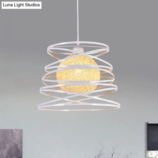 Industrial Metal Dining Room Pendant Light - Swirl Conic Style 1 Head White/Black Wire Frame White