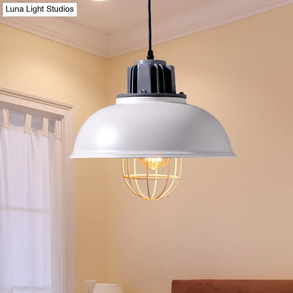 Industrial Metal Drop Pendant Lamp - White Domed Design Ceiling Suspension For Restaurants (1-Bulb)