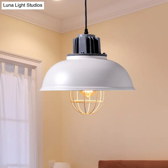 Industrial Metal Drop Pendant Lamp - White Domed Design Ceiling Suspension For Restaurants (1-Bulb)