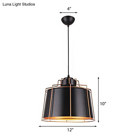 Industrial Metal Drum Shade Ceiling Fixture - 1 Light Black Suspension Lamp For Dining Tables