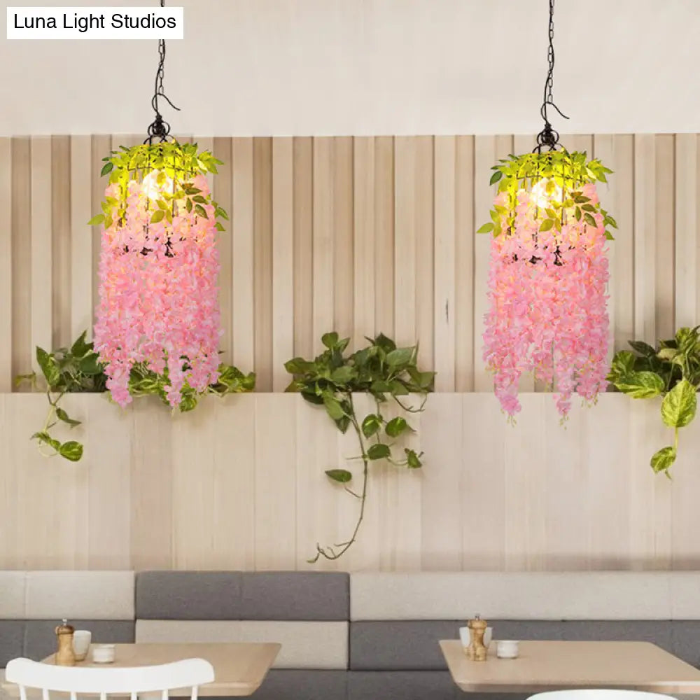Industrial Metal Flower Pendant Light With Pink/Yellow Led - Ceiling Lamp For Restaurant Pink