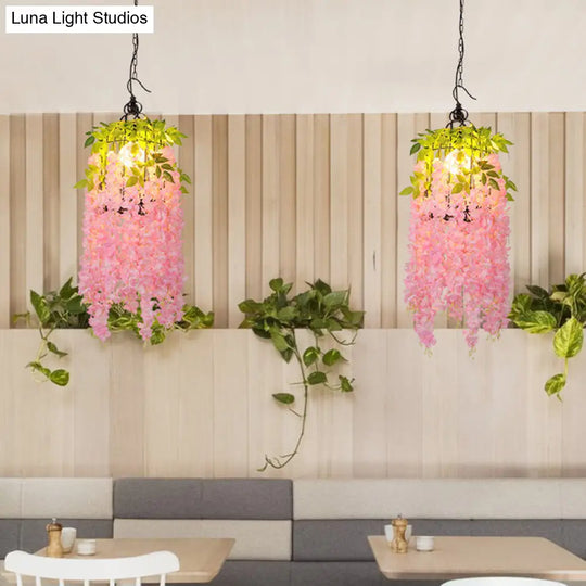 Industrial Metal Flower Pendant Light With Pink/Yellow Led - Ceiling Lamp For Restaurant Pink
