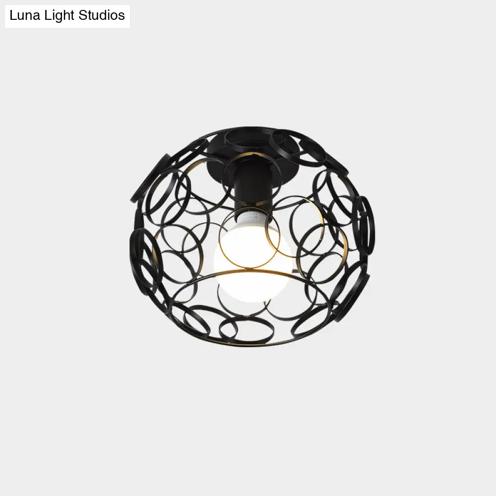 Industrial Metal Flush Ceiling Light Fixture - Cage Style Small Aisle 1 Head Black Flushmount