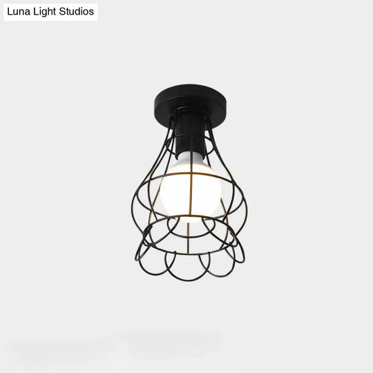 Industrial Metal Flush Ceiling Light Fixture - Cage Style Small Aisle 1 Head Black Flushmount