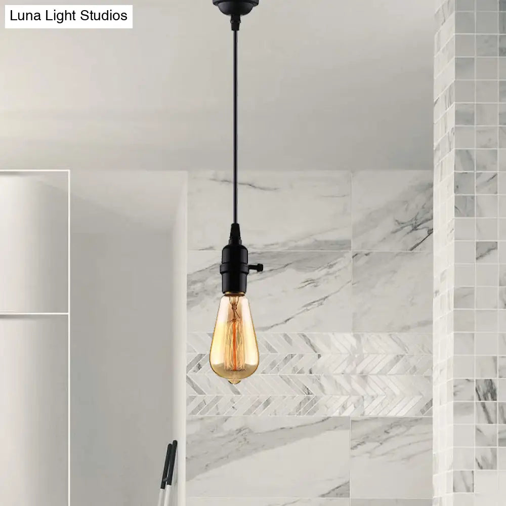 Industrial Metal Hanging Lamp With Adjustable Cord - Black Exposed Bulb Ceiling Fixture For