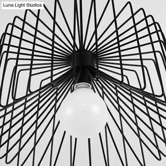 Industrial Metal Hanging Lamp With Adjustable Cord - Black/White Cage Shade Living Room Ceiling