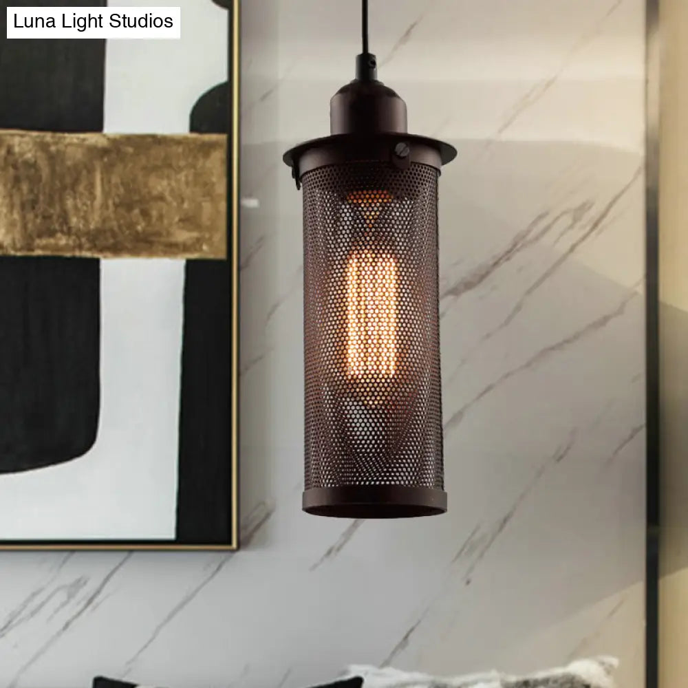 Industrial Metal Hanging Pendant Lamp With Mesh Cage Shade - Black/Rust Finish