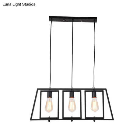 Industrial Metal Hanging Pendant Light Fixture - Trapezoid Frame 3-Light Black Rectangle Shade For