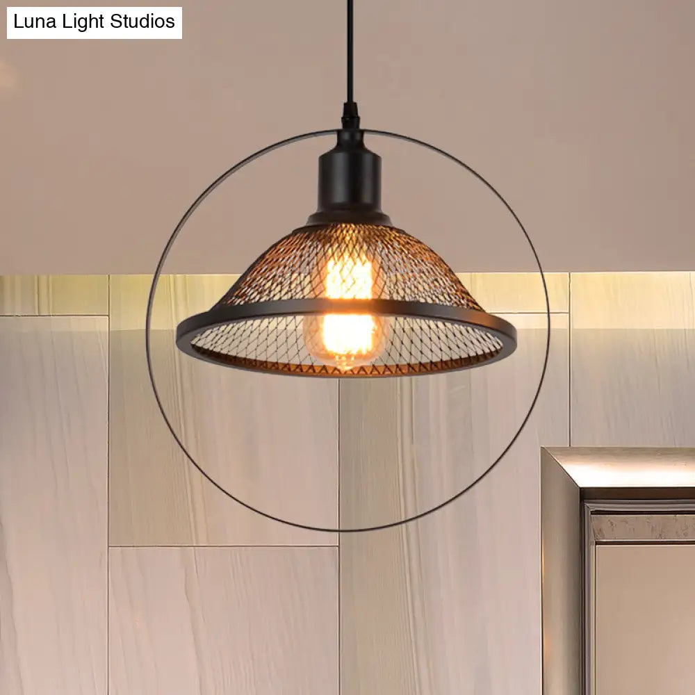 Industrial Metal Hanging Pendant Light In Black For Living Room - Single Bell/Dome Design