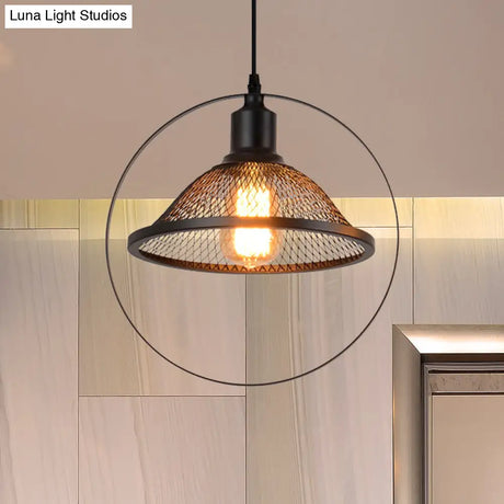 Industrial Metal Hanging Pendant Light In Black For Living Room - Single Bell/Dome Design