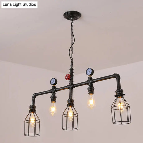 Industrial Metal Island Lighting With 5 Lights Suspension Light In Black: Pipe And Gauge Design Cage