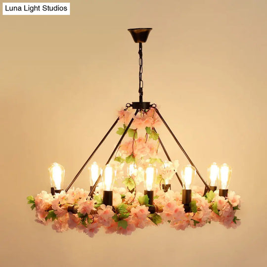 Industrial Metal Led Pendant Light With 10 Bulbs - Pink/Green Finish Perfect For Restaurants
