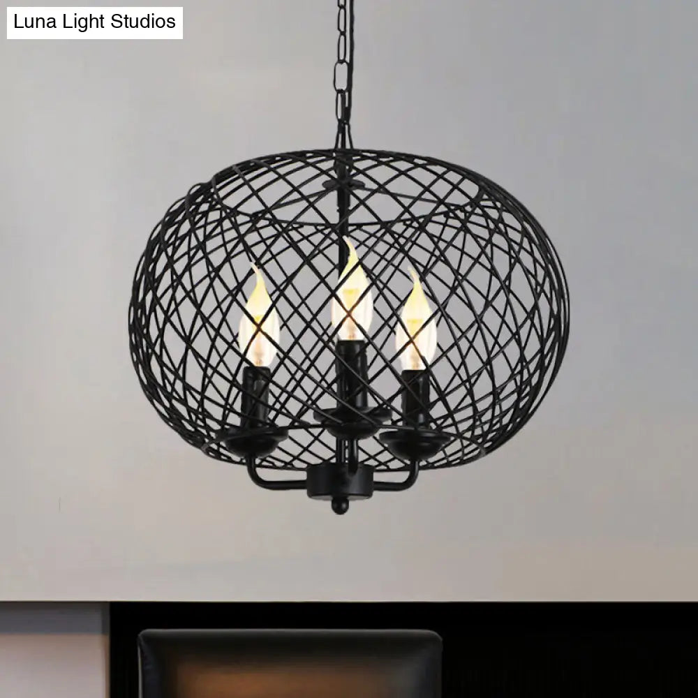 Industrial Black Mesh Drum Chandelier - 3-Bulb Hanging Lamp For Dining Room Ceiling Fixture