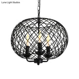 Industrial Metal Mesh Drum Shade Chandelier Lamp - Black 3-Bulb Hanging Ceiling Fixture For Dining