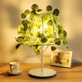 Industrial Metal Nightstand Lamp With White Conical Shade And Plant Decoration