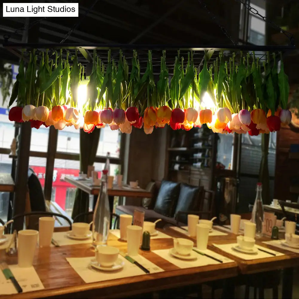 Industrial Metal Pendant Chandelier - Green 3-Light Tulip Led Hanging Fixture For Restaurants