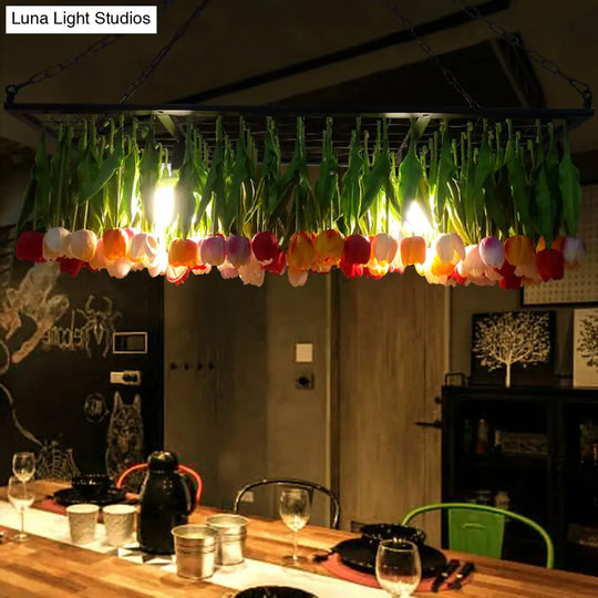 Industrial Metal Pendant Chandelier - Green 3-Light Tulip Led Hanging Fixture For Restaurants