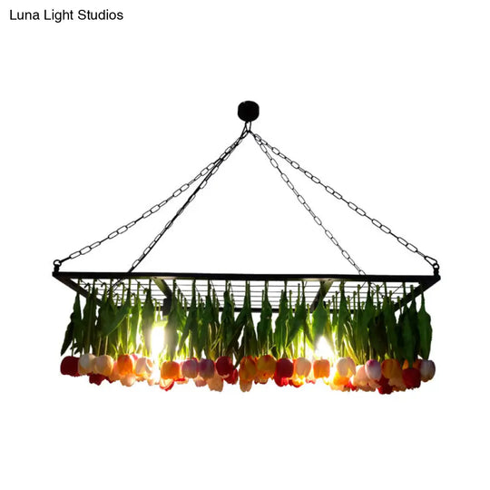 Industrial Metal Pendant Chandelier - Green 3-Light Tulip Led Hanging Fixture For Restaurants