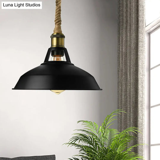 Industrial Metal Pendant Lamp - Barn Shade Living Room Ceiling Light With Hanging Rope 1 Black/White