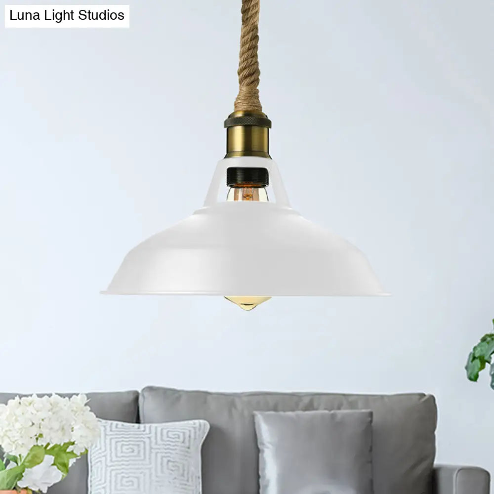 Industrial Metal Pendant Lamp - Barn Shade Living Room Ceiling Light With Hanging Rope 1 Black/White