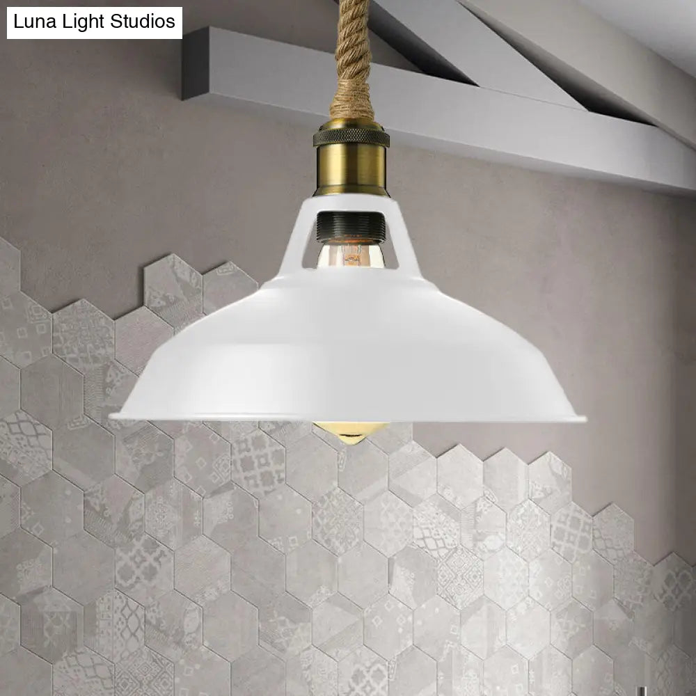 Industrial Metal Pendant Lamp - Barn Shade Living Room Ceiling Light With Hanging Rope 1 Black/White