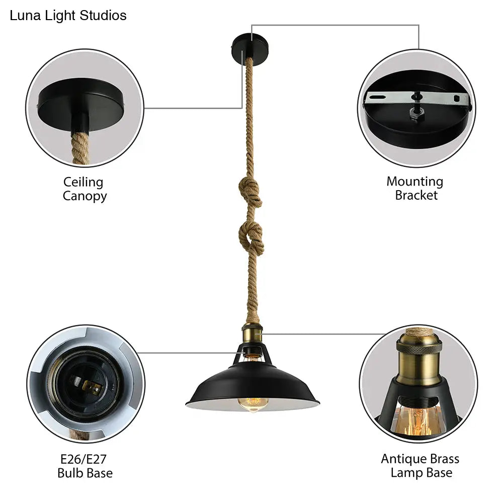 Industrial Metal Pendant Lamp: Barn-Style Shade 1 Light Black/White Ceiling Fixture With Hanging
