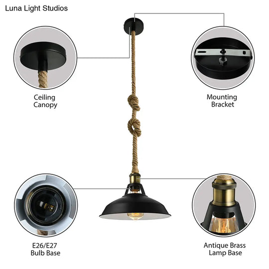 Industrial Metal Pendant Lamp: Barn-Style Shade 1 Light Black/White Ceiling Fixture With Hanging
